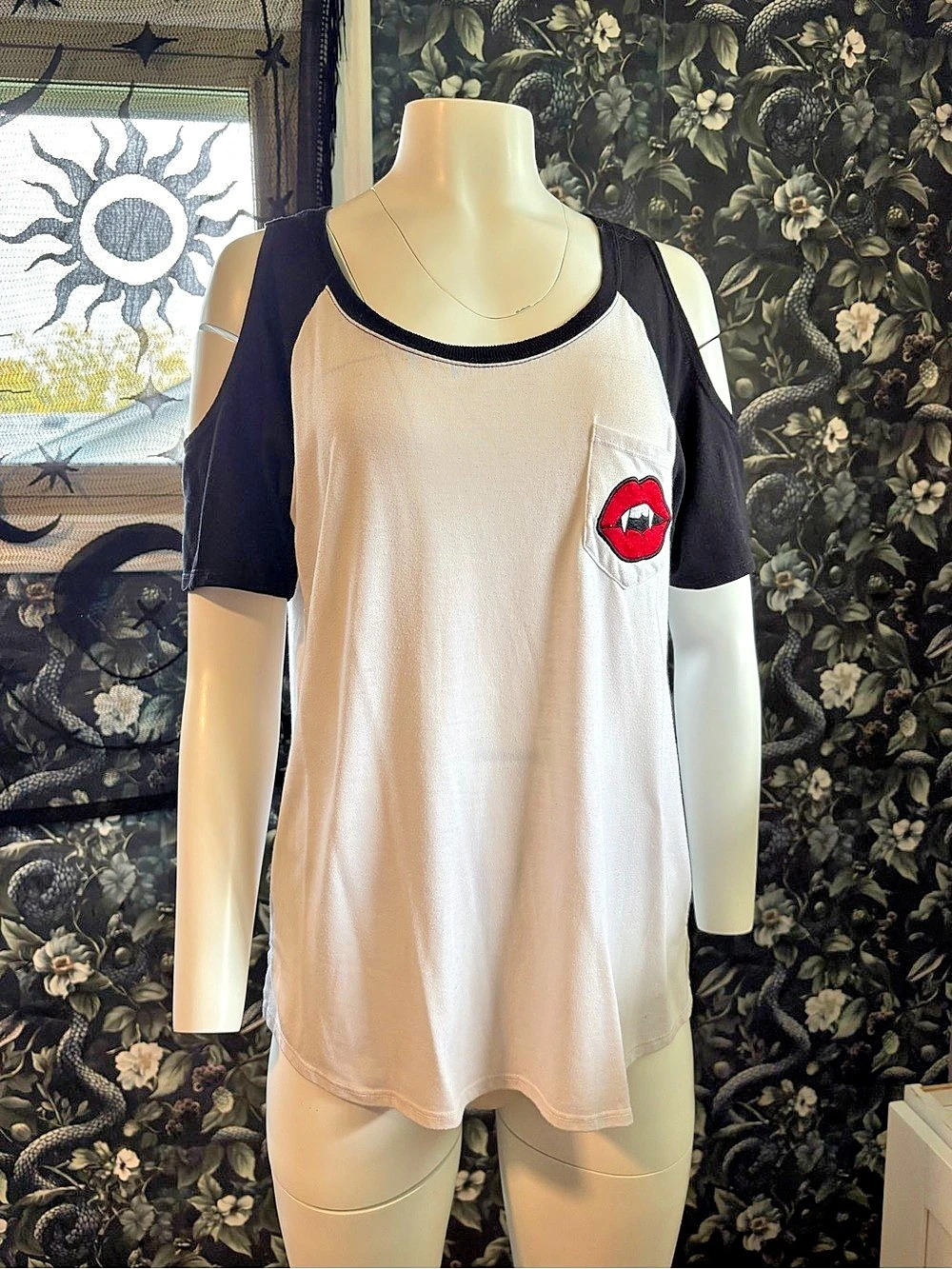 Vampire’s Kiss Cold Shoulder Short-Sleeved Raglan Top in Large